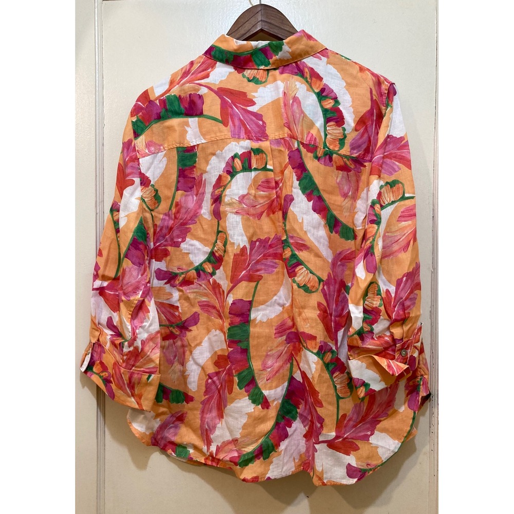 Chicos 100% Linen Button Down Shirt 3 XL 16 Orange Tropical Leaf Coastal Resort - Picture 5 of 7